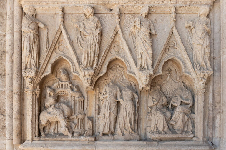 carved details on a cathedral entrance in Auxerre, France