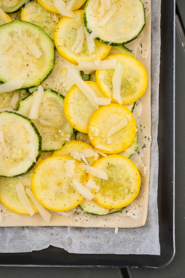 French courgette tart ready to go into the oven!