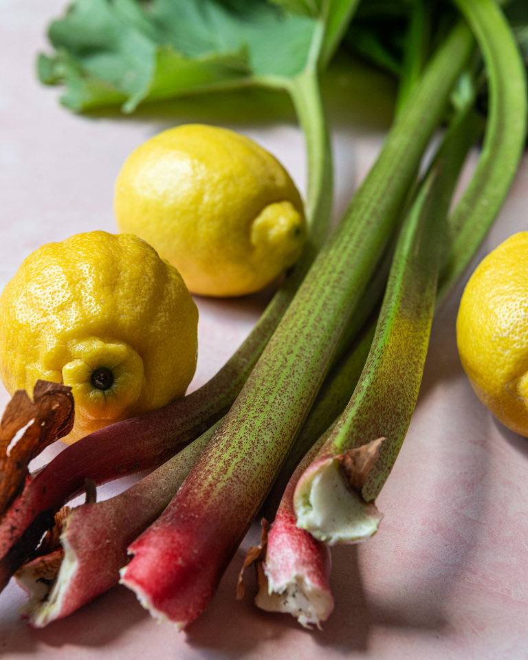 lemons and rhubarb on a blush pink surface
