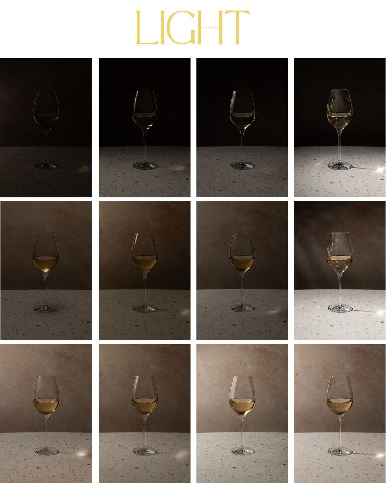 A photographic study of one light with different modifiers on a still life of a wine glass